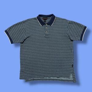 Vintage Golf Shirt Polo Tee 80s 90s Abstract All Over Print Cotton Blue Large